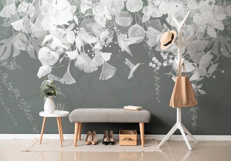 CARTA DA PARATI AUTOADESIVA – FOGLIE GRIGIO-VERDI CON COLIBRÌ - CARTA DA PARATI AUTOADESIVE - CARTA DA PARATI