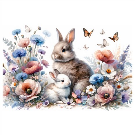 WANDBILD KANINCHEN IM BLÜHENDEN FRÜHLINGSGARTEN - KINDERBILDER TIERE - BILDER