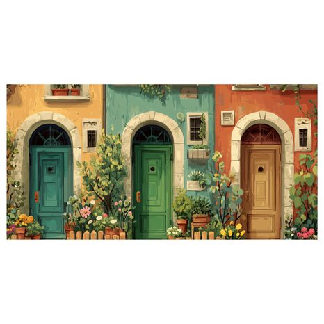 OBRAZ ROMANTICKÉ DVEŘE A KVĚTINY - BAREVNÉ DOMY - OBRAZY