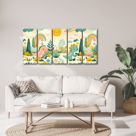 5-DIELNY OBRAZ VESELÉ DINOSAURY V DÚHOVEJ KRAJINE - DETSKÉ OBRAZY ZVIERATKÁ - OBRAZY