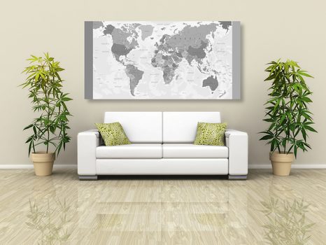 OBRAZ PODROBNÁ MAPA SVĚTA V ČERNOBÍLÉM PROVEDENÍ - OBRAZY MAPY - OBRAZY