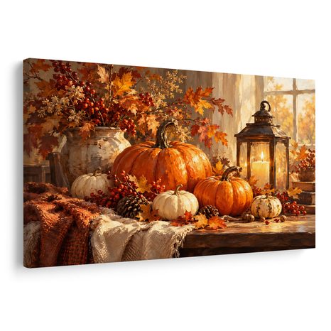 QUADRO SU TELA – ZUCCHE AUTUNNALI E LANTERNA CALDA - QUADRI HALLOWEEN E HORROR - STAMPE E QUADRI