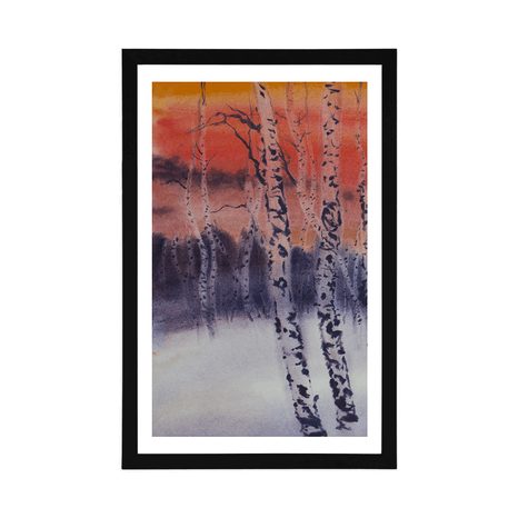 AFFICHE AVEC PASSE-PARTOUT – BOSQUET DE BOULEAUX AU COUCHER DU SOLEIL - NATURE - AFFICHES