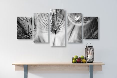 5-TEILIGES WANDBILD LÖWENZAHN IN SCHWARZ-WEISS - SCHWARZ-WEISSE BILDER - BILDER