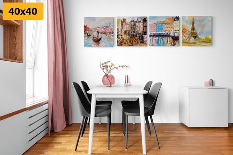 SET OBRAZŮ MALOVANÉ MĚSTA V PASTELOVÝCH BARVÁCH - SESTAVY OBRAZŮ - OBRAZY