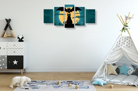 5-DÍLNÝ OBRAZ PŘÁTELSKÁ STRAŠIDLA ZA ÚPLŇKU MĚSÍCE - OBRAZY KOČKY - OBRAZY