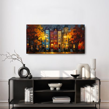 OBRAZ VEČERNÍ MĚSTSKÁ SCENÉRIE - BAREVNÉ DOMY - OBRAZY