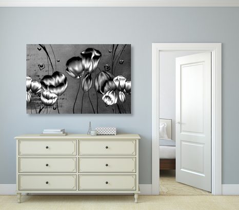 TABLOU MACI ROȘII CU ATINGERE ETNO ÎN DESIGN ALB-NEGRU - TABLOURI ALB-NEGRU - TABLOURI