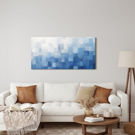 TABLEAU SUR TOILE – CARRÉS BLEUS SUPERPOSÉS DANS LA BRUME - IMAGES FORMES ABSTRAITES - TABLEAUX