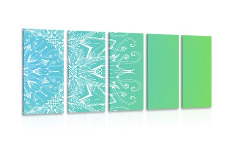 5 PART PICTURE WHITE MANDALA ON A BLUE AND GREEN BACKGROUND