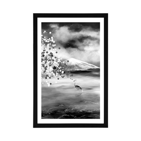 PLAKAT S PASPARTUOM ČAPLJE ISPOD MAGIČNOG STABLA U CRNO-BIJELOM DIZAJNU - CRNO-BIJELE - PLAKATI