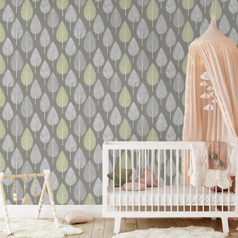 TAPETA ŠEDÉ A ZELENÉ LISTY NA ŠEDÉM POZADÍ - VZOROVANÉ TAPETY - TAPETY