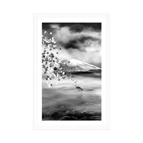 PLAKAT S PASPARTUOM ČAPLJE ISPOD MAGIČNOG STABLA U CRNO-BIJELOM DIZAJNU - CRNO-BIJELE - PLAKATI