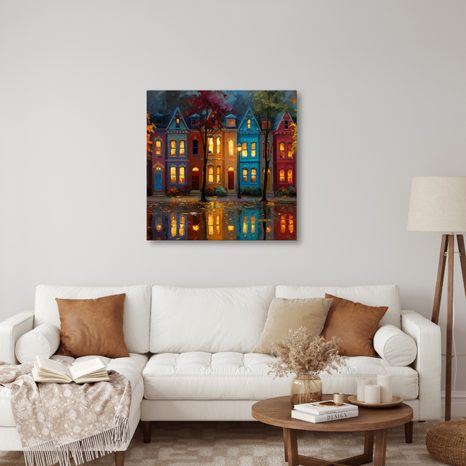 WANDBILD LEUCHTENDE STRASSE BEI NACHT - BUNTE HÄUSER - BILDER