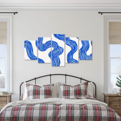 TABLEAU EN 5 PARTIES – LIGNES ONDULÉES BLEUES - IMAGES FORMES ABSTRAITES - TABLEAUX