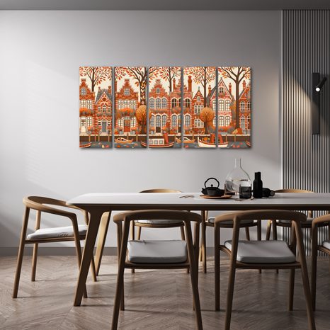 5-TEILIGES WANDBILD HERBST AM KANAL MIT HISTORISCHEN HÄUSERN - BILDER VON STÄDTEN - BILDER