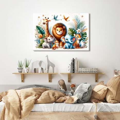 WANDBILD KÖNIG DES DSCHUNGELS UND SEINE SÜSSEN FREUNDE - KINDERBILDER TIERE - BILDER