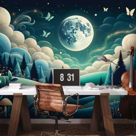 SELBSTKLEBENDE TAPETE NÄCHTLICHE MÄRCHENLANDSCHAFT MIT FLIEGENDEN SCHMETTERLINGEN - UNIVERSUM- UND STERNE-TAPETEN - TAPETEN