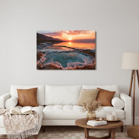 TABLEAU SUR TOILE – COUCHER DE SOLEIL ROSE SUR LE LAC SALÉ - TABLEAUX DU LAC - TABLEAUX