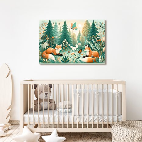 WANDBILD WALDSTILLE MIT FÜCHSEN - KINDERBILDER TIERE - BILDER