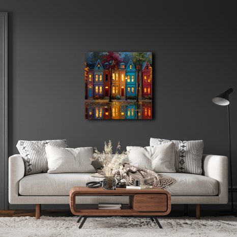 WANDBILD LEUCHTENDE STRASSE BEI NACHT - BUNTE HÄUSER - BILDER