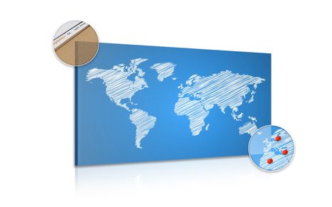 OBRAZ NA KORKU ŠRAFOVÁNA MAPA SVĚTA NA MODRÉM POZADÍ - OBRAZY NA KORKU - OBRAZY