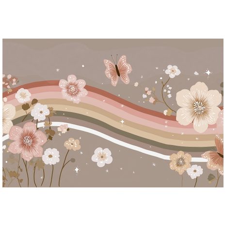 FOTOTAPETE PASTELLFARBENE BLUMEN UND REGENBOGENSTREIFEN - KINDERTAPETEN - TAPETEN