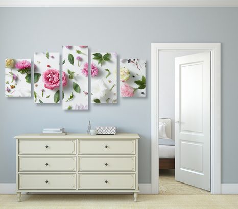 5-TEILIGES WANDBILD ZARTES STILLLEBEN MIT BLUMEN - BILDER BLUMEN - BILDER