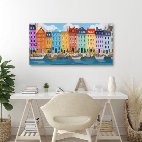 OBRAZ ROMANTICKÁ ŘEKA A DOMY - BAREVNÉ DOMY - OBRAZY