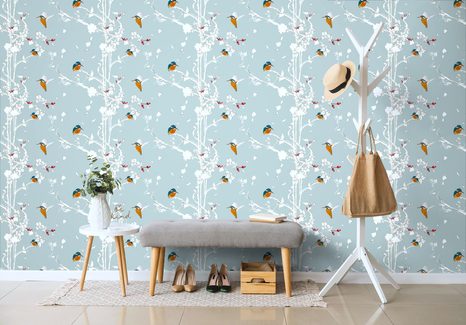 CARTA DA PARATI AUTOADESIVA – UCCELLINI NELLA FORESTA DENSA CON SFONDO BLU - CARTA DA PARATI AUTOADESIVE - CARTA DA PARATI