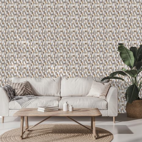 TAPETA HNĚDO-BÉŽOVÁ GEOMETRIE NA ŠEDÉ - VZOROVANÉ TAPETY - TAPETY