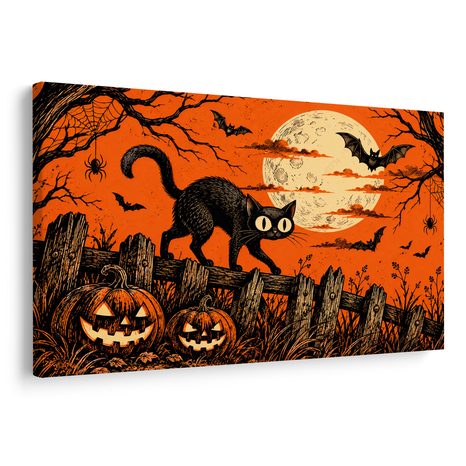 QUADRO SU TELA – GATTO NERO SOTTO LA LUNA - QUADRI HALLOWEEN E HORROR - STAMPE E QUADRI