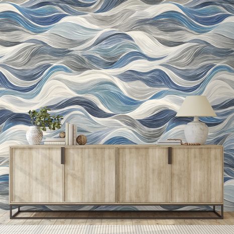 TAPETA MODRÉ VLNY NA ŠEDÉM POZADÍ - VZOROVANÉ TAPETY - TAPETY