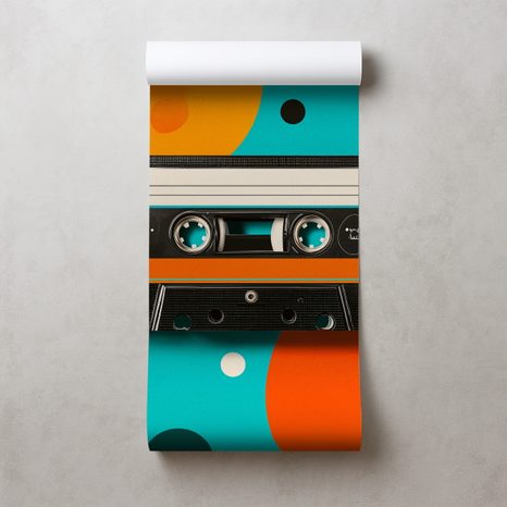 FOTOTAPETE RETRO-KASSETTE AUF BUNTEN KREISEN - MUSIK FOTOTAPETEN - TAPETEN