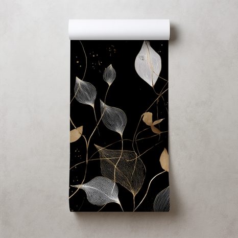 FOTOTAPET FRUNZE AURII ȘI ALBE PE NEGRU - TAPETE FRUNZE - TAPETURI