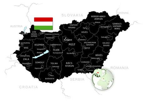 QUADRO SU TELA – MAPPA NERA STILOSA DELL'UNGHERIA - QUADRI MAPPE - STAMPE E QUADRI