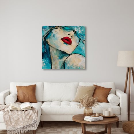 TABLEAU SUR TOILE – VISAGE FÉMININ ABSTRAIT EN TURQUOISE - TABLEAUX DE FEMMES - TABLEAUX