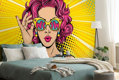 TAPETE FRAU MIT ROSA HAAREN - POP-ART-TAPETEN - TAPETEN