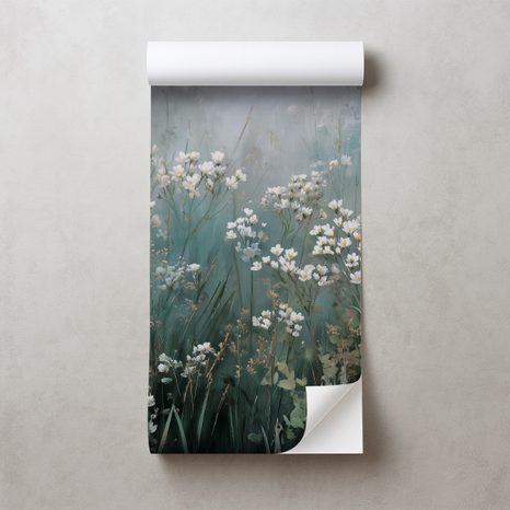 FOTOTAPET AUTOADEZIV FLORI ALBE DELICATE PE FUNDAL VERDE-ALBASTRU - TAPET FLORI - TAPETURI
