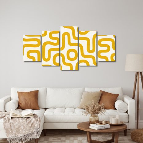 TABLEAU EN 5 PARTIES – LIGNES ABSTRAITES JAUNES - PEINTURES VINTAGE ET RÉTRO - TABLEAUX