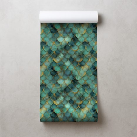 TAPETA ZELENÉ MORSKÉ ŠUPINY SO ZLATÝM NÁDYCHOM - VZOROVANÉ TAPETY - TAPETY