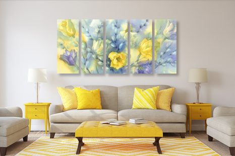 QUADRI 5 PEZZI – TULIPANI GIALLI AD ACQUERELLO - QUADRI DI FIORI - STAMPE E QUADRI