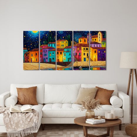 5-DÍLNÝ OBRAZ KOUZELNÁ NOČNÍ VESNICE - BAREVNÉ DOMY - OBRAZY