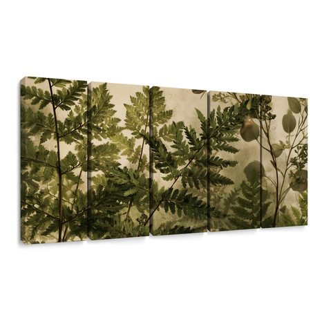 TABLEAU EN 5 PARTIES – FOUGÈRES BOTANIQUES EN SÉPIA - TABLEAUX ARBRES ET FEUILLES - TABLEAUX