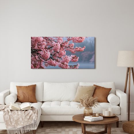 CANVASTAVLA BLOMMANDE KÖRSBÄRSTRÄD ÖVER STILLA VATTEN - BLOMTAVLOR - TAVLOR