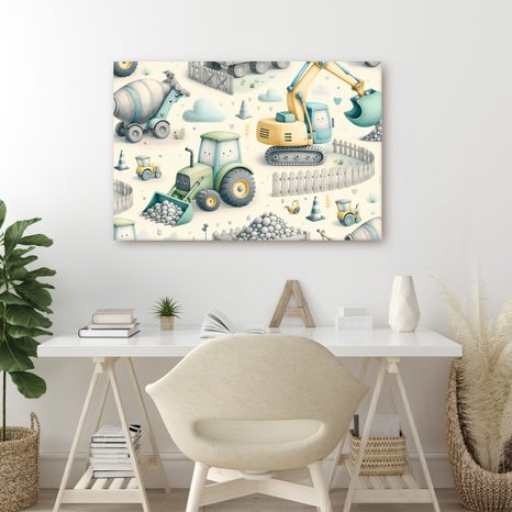 WANDBILD FRÖHLICHE BAUSTELLENFAHRZEUGE - KINDERBILDER VERKEHRSMITTEL - BILDER