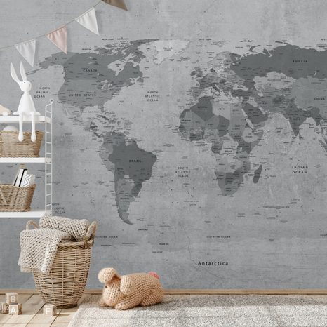 TAPETE WELTKARTE IN GRAU - WELTKARTEN-TAPETEN - TAPETEN