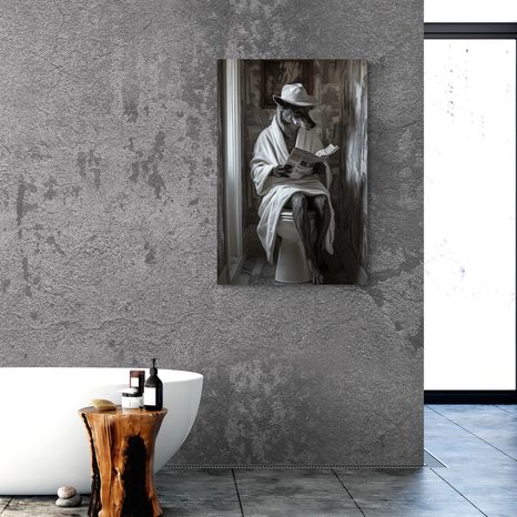 QUADRO SU TELA – LUPO CON GIORNALE IN BAGNO - QUADRI DI LUPI - STAMPE E QUADRI