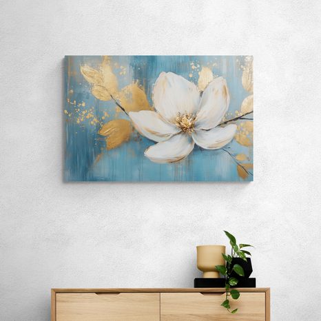 OBRAZ BÍLÝ KVĚT SE ZLATÝMI LISTY - OBRAZY KVĚTŮ - OBRAZY