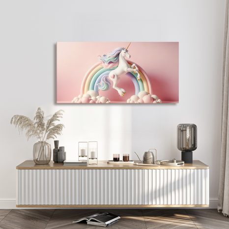 WANDBILD MÄRCHENHAFTES EINHORN AUF PASTELLFARBENEM REGENBOGEN - KINDERBILDER TIERE - BILDER